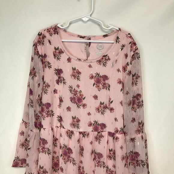 Wonder Nation Girls L (10-12) Pink Dress Floral Print Bell Sleeve Cuffs NWT - Picture 2 of 11